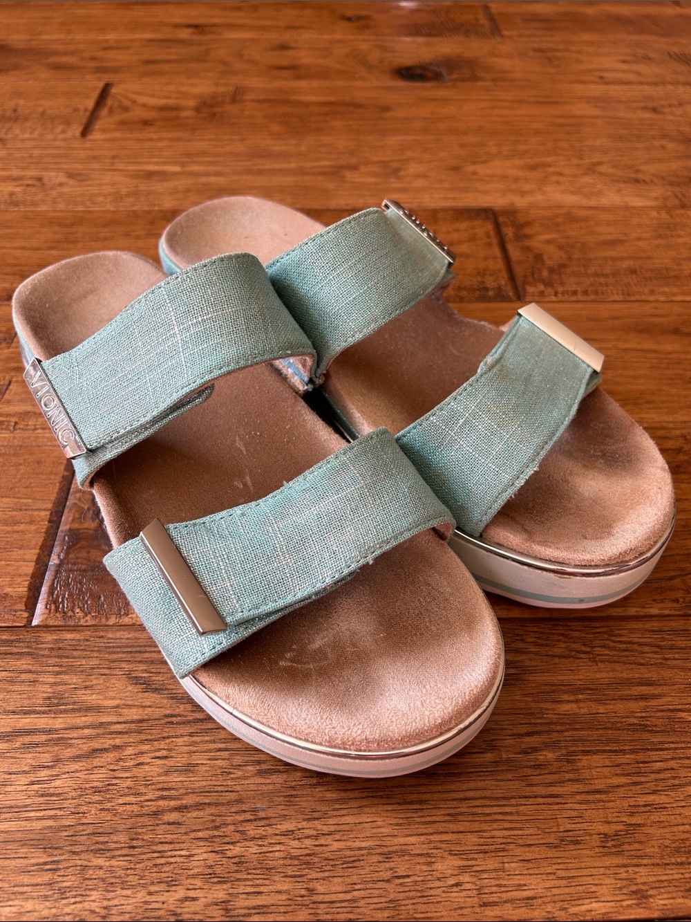 Vionic Brandie Platform Slide Sandals Aqua Linen Orthotic Comfort Size 11 - Picture 2 of 10